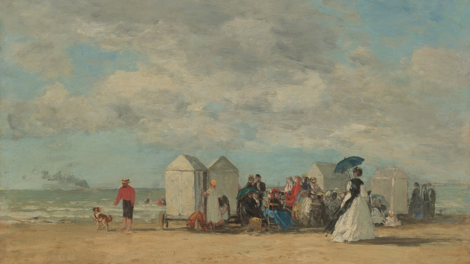 The painting shows a beach scene with several figures gathered on the shore. The group of figures is gathered between four white tent-like structures. All of the figures are elaborately dressed in colorful gowns or suits, with many wearing hats or holding parasols. Behind the group is the ocean, with a few figures swimming. The color scheme includes earthy tones for the sand and beach huts, and brighter colors like whites, blacks, blues, and reds for the people's clothing. The sky is predominantly soft blues and grays with wispy clouds.