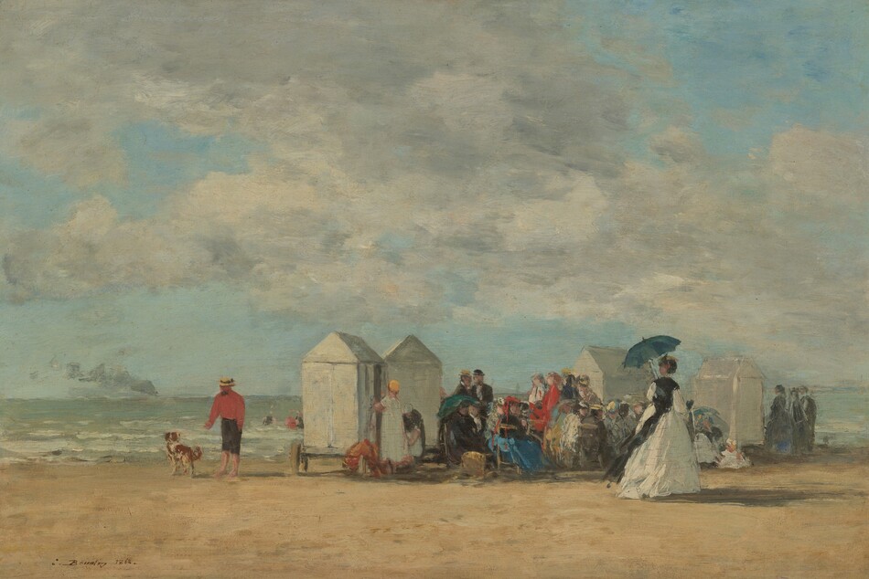 The painting shows a beach scene with several figures gathered on the shore. The group of figures is gathered between four white tent-like structures. All of the figures are elaborately dressed in colorful gowns or suits, with many wearing hats or holding parasols. Behind the group is the ocean, with a few figures swimming. The color scheme includes earthy tones for the sand and beach huts, and brighter colors like whites, blacks, blues, and reds for the people's clothing. The sky is predominantly soft blues and grays with wispy clouds.