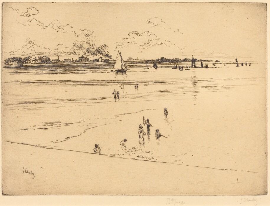 The image shows a coastal scene with a horizon dividing the composition at the upper fifth. Trees, small buildings, and sailboats are visible along the horizon, against a sky background. The artwork features delicate lines, creating an etching-like impression. The color palette is monochromatic in a light sepia tone. Figures are seen wading in shallow water, engaging in leisurely activities. Wispy clouds are depicted in the sky with gentle strokes.