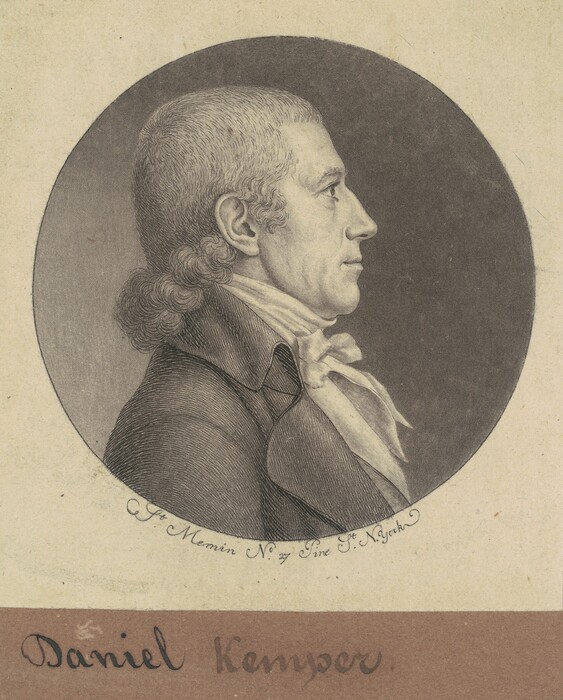 The image is a portrait of an individual shown from the chest upwards in a right-facing profile. The person has detailed facial features including a sharp nose and closed lips. They have short hair styled neatly with a curl at the nape of the neck. The person is wearing a high-collared shirt and a dark coat visible up to the shoulders. The background is plain and circular. There is elegant script beneath the illustration on a beige backdrop.