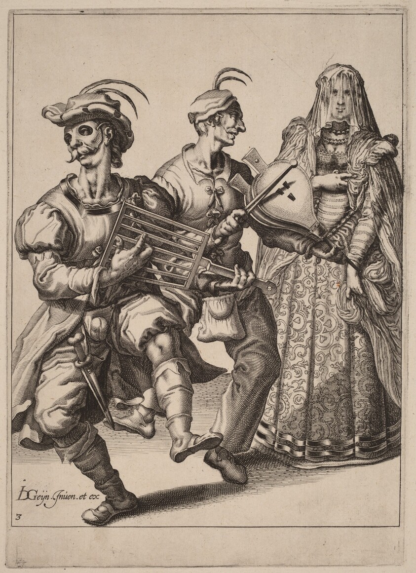 A Veiled Woman with Two Musicians Playing a Gridiron and a Bellows