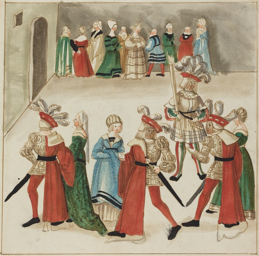 Three Men in Red Capes Dancing with Their Partners