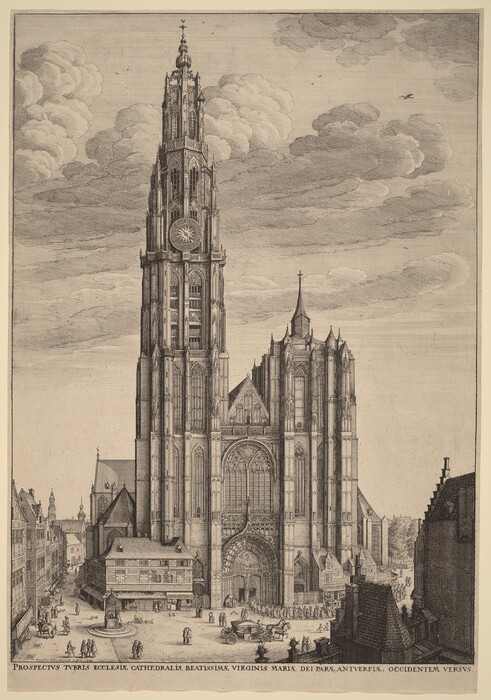 The image displays a cathedral in the center, surrounded by other buildings and people below. The cathedral is intricately detailed with fine lines, set against a monochrome color palette of black and grey. The sky has clouds, adding to the grandeur of the scene.