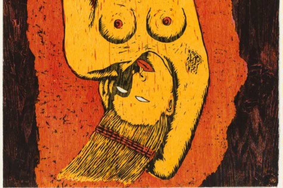 Alison Saar, Sweeping Beauty, 1997, 3- color woodcut on Okawara Natural Paper, National Gallery of Art, Promised gift of Larry D. and Brenda A. Thompson