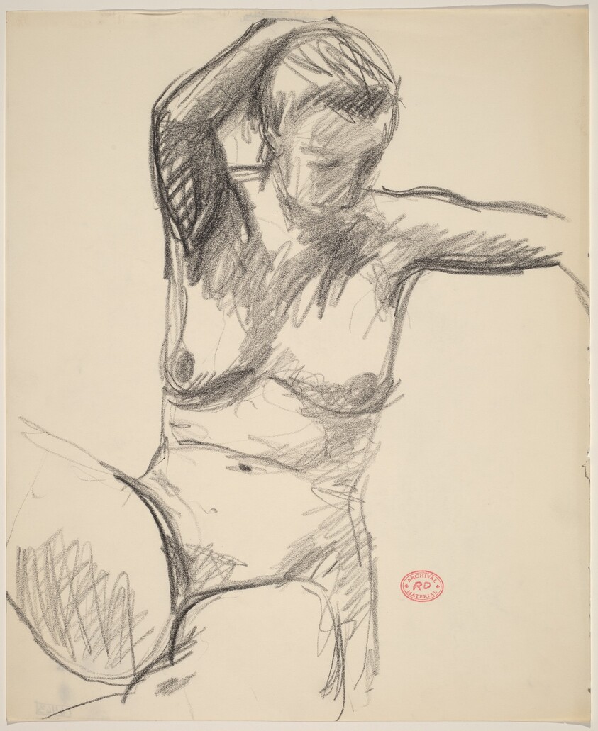 Untitled [female nude looking down with right arm behind head]