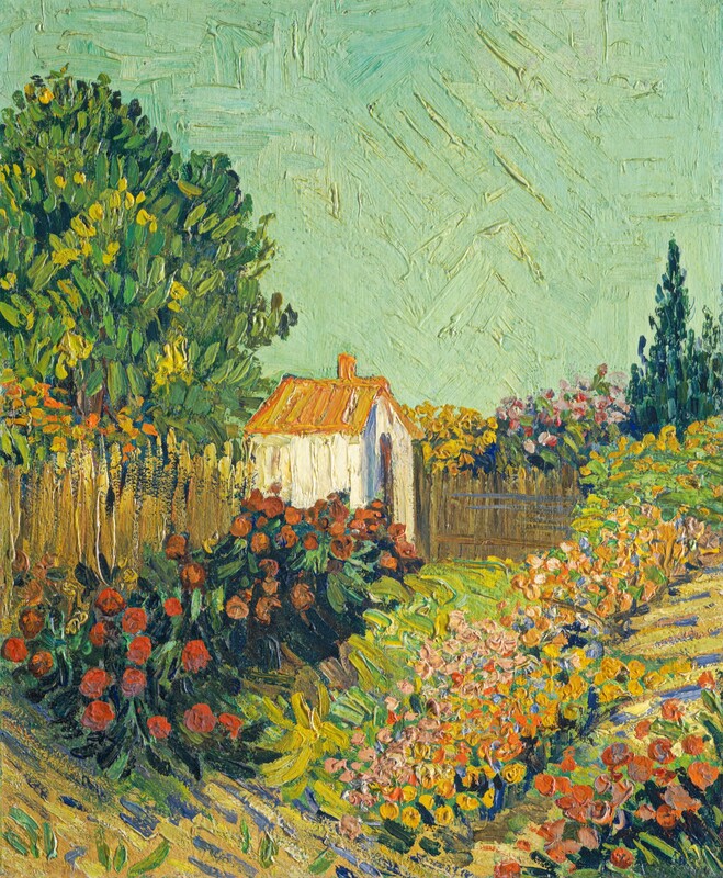 A white shed with a saffron-orange roof stands in the back corner of a walled garden in this vertical painting. The scene is painted with thickly textured, visible dabs, swirls, and strokes throughout. Diagonal banks of flowers in scarlet red, rust orange, pale peach, corn yellow, shell pink, and navy blue lead into the garden from the lower left to upper right. The space is enclosed with a wood fence, which is painted with vertical, caramel-brown strokes, to our left. The fence to our right of the shed disappears behind a cloud of yellow and green flowers. A tree painted with avocado-green and harvest-yellow strokes towers above the shed to our left, and more flowers and spruce-green trees grow beyond the fence to our right. The sky above is painted with textured, turquoise strokes.