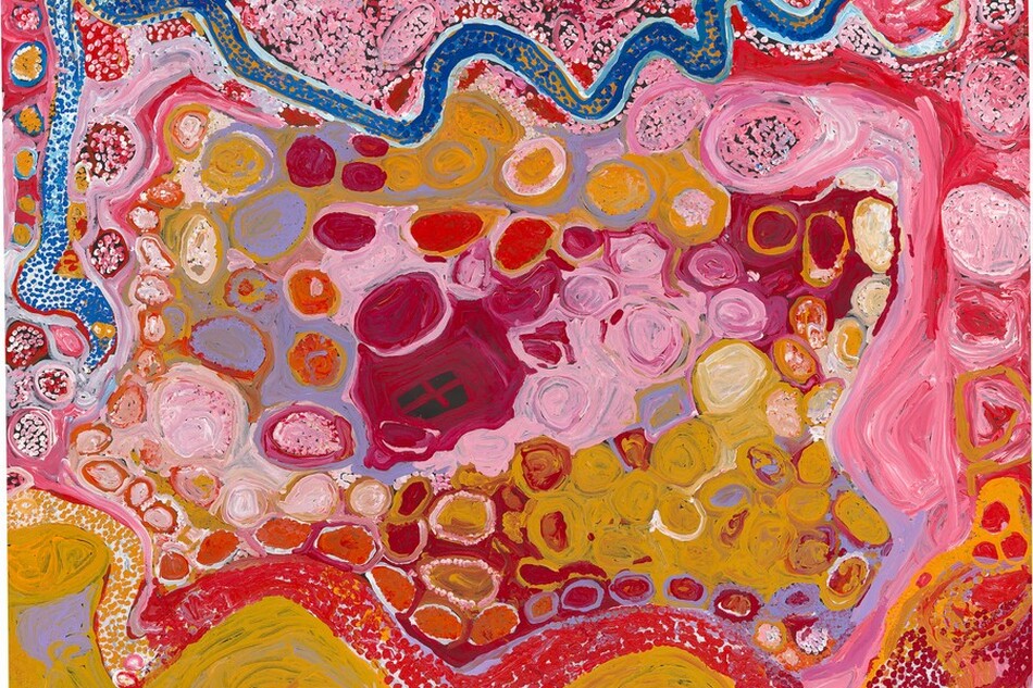 Tiger Palpatja, Wati Wanampi Tjukurpa, 2010, synthetic polymer paint on canvas, National Gallery of Victoria, Melbourne, Purchased in memory of Graeme Marshall with funds donated by Harriet and Richard England and Anne and Ian McLean, 2011 © Tiger Palpatja/Copyright Agency, 2024. Photo: Jeremy Dillon / NGV 