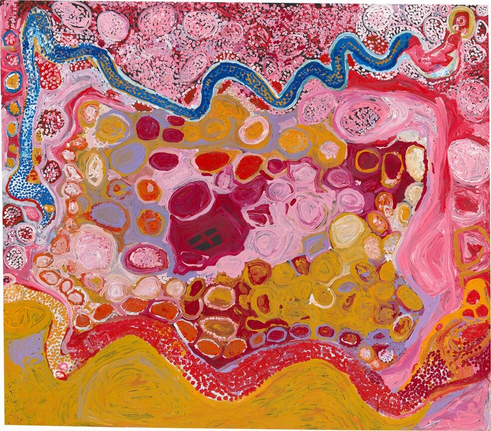 Tiger Palpatja, Wati Wanampi Tjukurpa, 2010, synthetic polymer paint on canvas, National Gallery of Victoria, Melbourne, Purchased in memory of Graeme Marshall with funds donated by Harriet and Richard England and Anne and Ian McLean, 2011 © Tiger Palpatja/Copyright Agency, 2024. Photo: Jeremy Dillon / NGV 