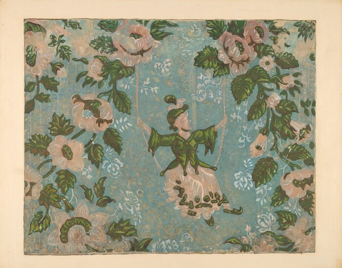 The image shows flowing, swirling lines forming an intricate pattern against a blue backdrop. The shapes resemble large blooming flowers with green leaves. In the center, a figure on a swing is surrounded by the floral forms. The swing ropes arc gracefully, complementing the floral theme.