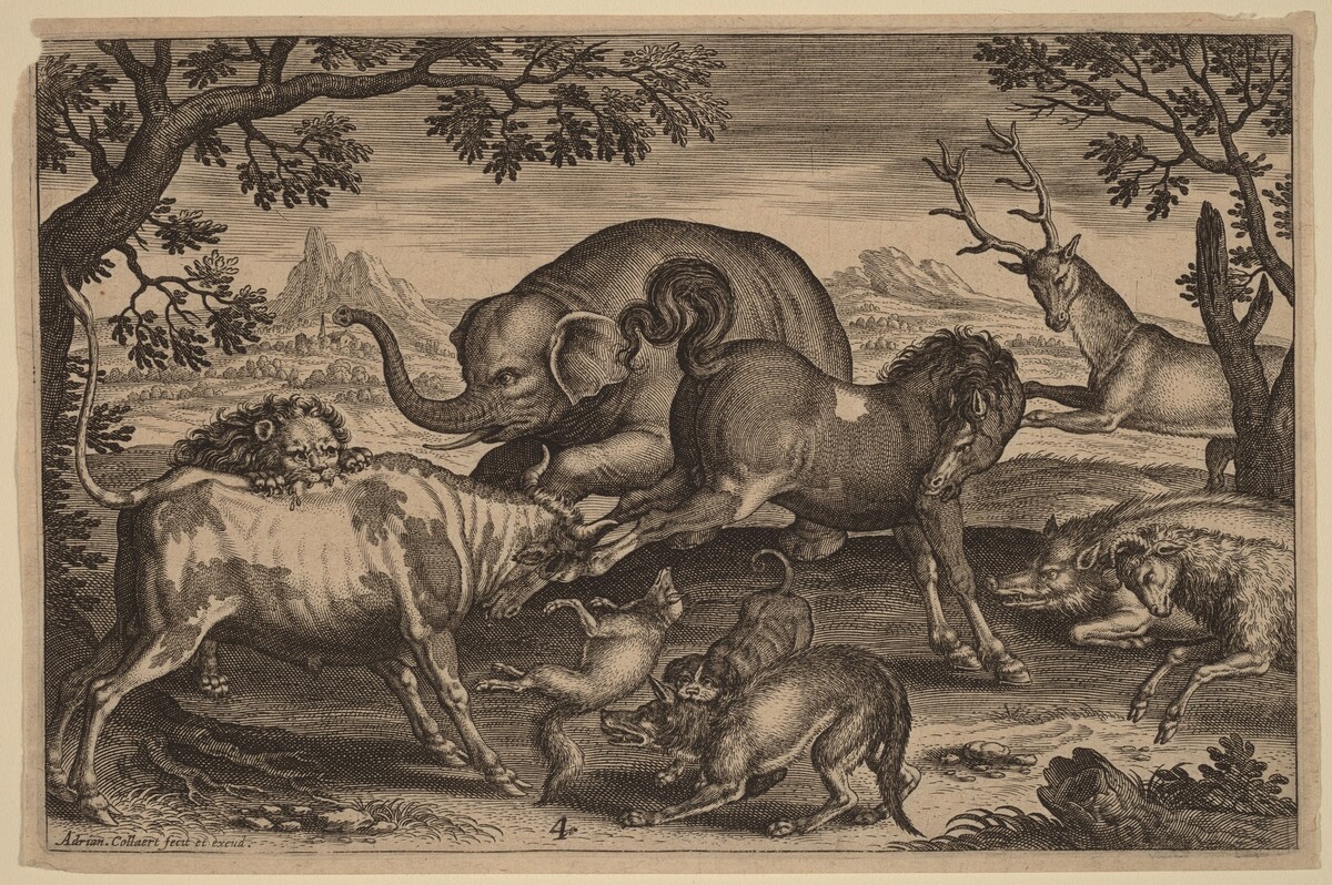 Lion, Bull, Fox, Wolf, Dog, Boar, Goat, Horse, Elephant and Deer
