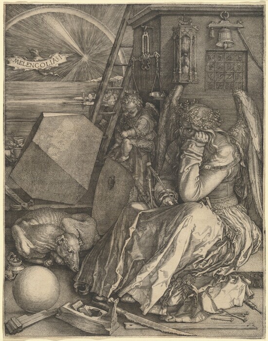 Created with fine black lines printed on an ivory-white paper, a winged woman sits with her head in one hand, surrounded by tools, a dog, and a baby-like, winged putto perched on a millstone, all in front of a distant landscape with a still body of water under an arched rainbow in this vertical engraving. Filling the lower right quadrant of the composition, the winged woman, Melencolia, sits with her body angled to our left, and she looks in that direction from under furrowed brows. Lit from our right, her face is cast in shadow, but she has a straight nose and her lips are closed. She wears a ring of leaves over hair that falls in waves over her shoulders. Wings curve up from her back, and she wears a long-sleeved dress with a tight bodice and a voluminous, pleated skirt. She rests her chin on one tightly closed fist. The other arm rests on a book in her lap, and she holds one of the two legs of a tall compass in that hand. Several keys hang on a ribbon looped onto her belt, and they nestle into the deep folds of her skirt. Around her feet are a purse cinched closed, several nails, the metal tip of a bellows, a saw, a plane, the end of a pair of pincers, an ink pot, a molder’s form for baseboards, and a round sphere about the size of a basketball. The dog lies in a tight circle to our left of Melencolia’s feet, its chin resting across its paws. The dog’s ribs show through the short fur of its hide. Next to the dog, the millstone leans against the building that fills the right half of the composition. The millstone is round and flat, is about the height of the woman's torso, and a hole is cut from its center. A chubby child sits atop the stone. It has short, curly hair, stubby wings, a loose robe, and it draws on a tablet propped on its lap. Beyond the child, a wooden ladder leans against the building, and a pair of scales hangs above his head. On the face of the building, hanging over Melencolia’s head, is an hourglass with the sand about halfway spent and a magic square, which is a grid of four rows and four columns. The numbers in the grid read, from left to right, 16, 3, 2, 13 in the top row; an upside down 5, a 10, 11, and 8 in the second row; a backward 9, a 6, 7, and 12 in the third row; and a 4, 15, 14, and 1 in the bottom row. A bell hangs from a ring above this grid. On the step beyond the sleeping dog and millstone, another large stone is carved into flat planes to create an irregular, geometric, rhomboid form about as tall as the millstone. A hammer lies in front of the rhomboid, and beyond it is a melting pot sitting among tongues of flame in a mug-like cup. In the upper left quadrant of the composition, a placid body of water leads back to a distant town and small boats, beneath a starburst that fills the sky. An arched rainbow crosses the sky over a rat-like bat with its sharp teeth and tongue showing. It holds a banner reading “MELENCOLIA I.” The artist signed and dated the engraving as if he had carved into the front face of the step on which Melencolia sits, near the lower right corner: “1514 AD,” with the uppercase D nestled between the long legs of the wide, uppercase A.