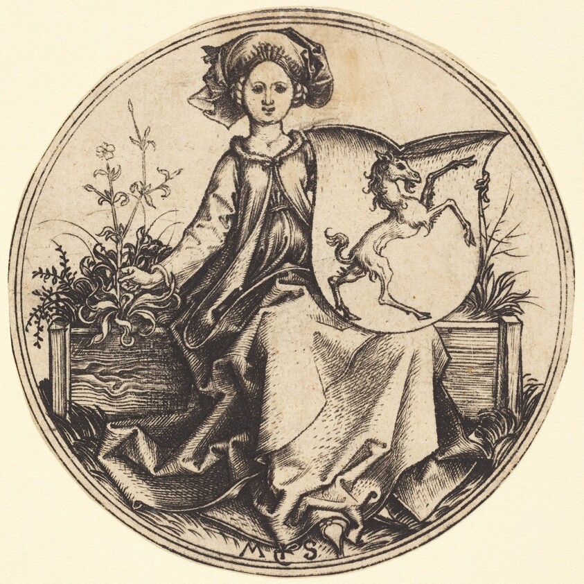 Shield with Unicorn, Held by Woman
