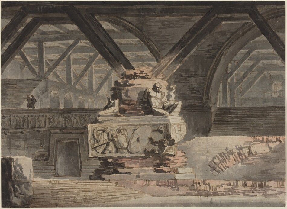 This is a painting of an architectural interior featuring a monumental structure. The scene depicts a grand interior space with towering support beams and architectural elements reminiscent of classical design. Central to the image is a large sculpted pedestal adorned with relief carvings and statues, seemingly placed within an expansive hall or chamber, with the ceiling supported by a series of arches and trusses. Natural or artificial lighting highlights parts of the sculpted figures. The muted color palette and architectural focus suggest an emphasis on the structural majesty of the space. This is in the style of Giovanni Battista Piranesi.