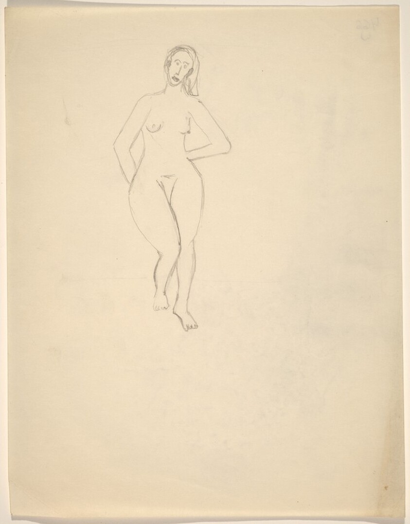 Frontal Nude, Right Leg Slightly Raised, Hands Behind