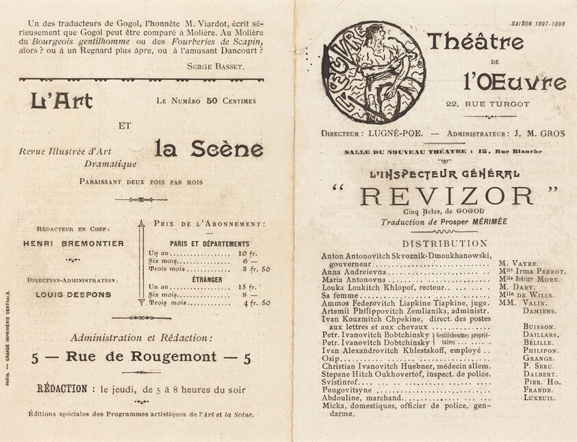 Théâtre de l'Œuvre, for the Playbill of "L'Inspecteur Gèneral Revizor" (The Inspector General) by Nicolai Gogol