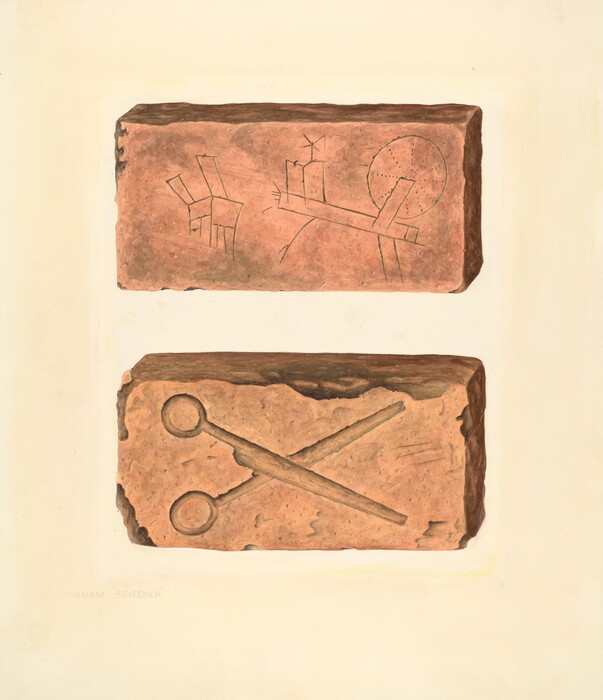 This image features two large, rectangular reddish-brown bricks with distinct engravings on each. The color palette is dominated by earthy tones, primarily shades of brown with subtle highlights of darker browns and taupe. Positioned vertically, the top brick displays abstract engravings resembling geometric patterns and symbolic figures. The lower brick shows the image of crossed scissors engraved on its surface. Both bricks are centrally placed on a plain, light background, which emphasizes their form and details.