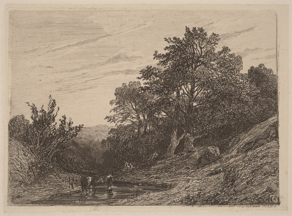 The etching depicts a landscape with a path or stream. In the distance, several cows and a figure are visible beside the water. Trees and foliage dominate the background, with clouds delicately etched in the sky. The scene is predominantly in shades of sepia and black, emphasizing the detailed line work defining the natural elements, conveying a sense of tranquility.