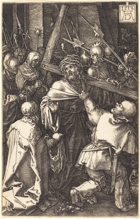 This print depicts multiple people gathered around a central man who carries a large wooden cross. This man has long, wavy hair, a beard, and a crown of thorns on his head. He wears a robe of draped fabric tied around his waist with a rope, and a man in the bottom right corner is grabbing the front of his robe, trying to pull him forward. Many of the people around him appear to be soldiers, wearing armor and holding pointed weapons. On the left, near the bottom left corner of the print, are two people facing the central man and holding cloths, and one woman with a headscarf who has her hands clasped together and her head turned down. In the background is a tall structure, a small tree on the left, and an inscription located in the top right corner.