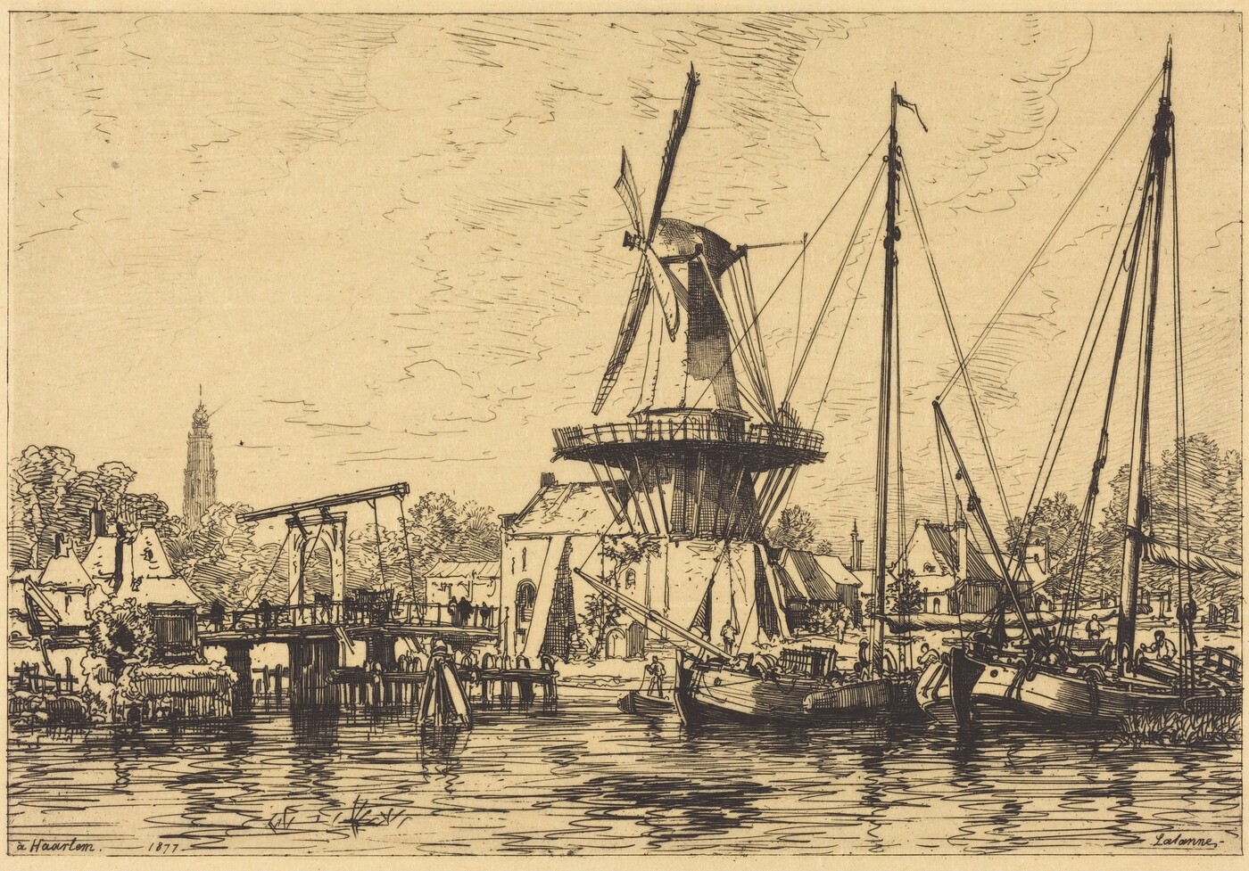 The image shows a windmill and boats on a calm canal, with buildings and trees in the background. The etching technique creates detailed lines in a limited color palette of browns and beiges. The scene conveys a serene and timeless atmosphere.