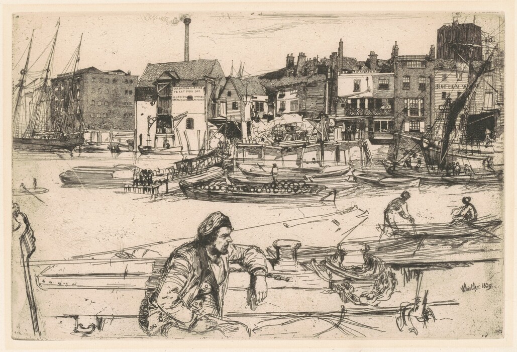 The image depicts a riverside scene with buildings in the background. The foreground shows a man leaning against a railing, with figures working near boats to the right. The artwork features detailed linework reminiscent of etching, creating a textured view of the riverside. The color palette is monochromatic, with shading achieved through line density. The scene captures a slice of 19th-century life, blending human and industrial elements seamlessly.