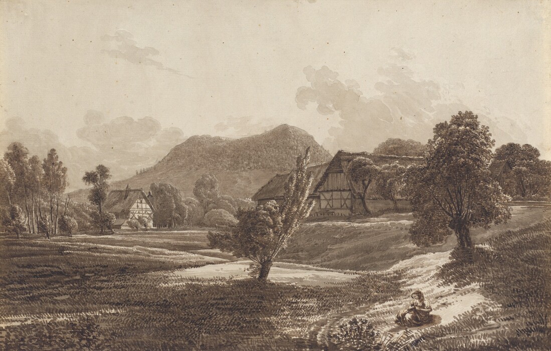 The image shows a rural landscape seen from above. The horizon is high, displaying hills, trees, and a clear sky. The brushstrokes are detailed, depicting foliage and clouds. The color scheme is primarily brown, creating a vintage look. In the foreground, there is an open field with a woman near a path, surrounded by trees. In the background are thatched-roof houses partially hidden by trees, hinting at a serene village life in the distance.