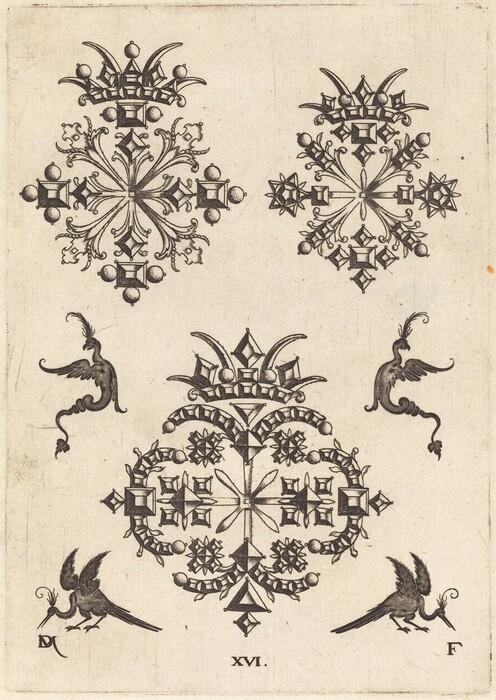 The image displays intricate formations of intersecting lines creating symmetrical patterns resembling ornamental crosses with geometric and floral motifs. The designs crown stylized arrangements with pointed sections at the top. Surrounding this are flowing lines with pointed ends resembling foliate designs or star-sprouting branches. Two winged creatures, fanciful hybrids between birds and dragons, are depicted below and to the sides.