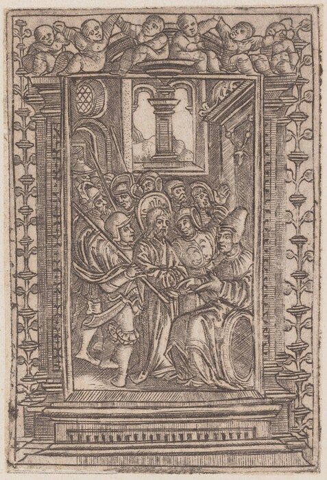 The image features a highly detailed engraving showing a group of figures clustered together, primarily depicting their upper bodies. The central figure has a halo around their head and is standing, while exchanging or receiving an object with a seated figure to the right. The seated figure is wearing a tall hat and voluminous robes, with distinct facial features, elongated beards, and detailed hair. Surrounding them are several other men in helmets and armor, some holding staffs or spears. The scene is framed with decorative motifs, including cherub-like figures at the top, archways, columns, and patterned borders along the edges. In the background, architectural details like arched windows and columns provide depth. The composition is bordered by ornate patterns, enhancing the historical and artistic theme of the engraving.