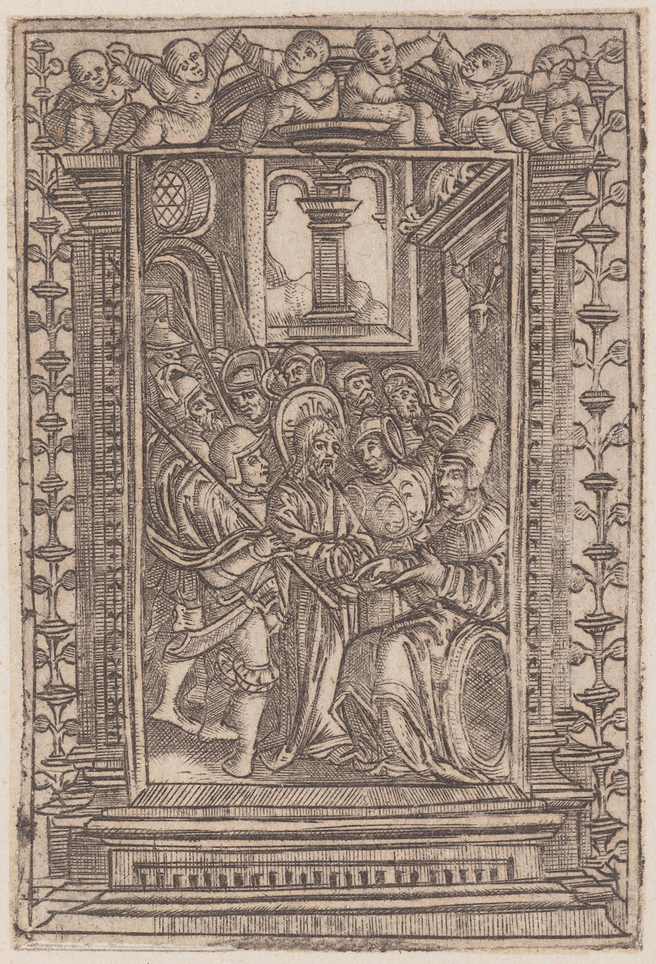 The image features a highly detailed engraving showing a group of figures clustered together, primarily depicting their upper bodies. The central figure has a halo around their head and is standing, while exchanging or receiving an object with a seated figure to the right. The seated figure is wearing a tall hat and voluminous robes, with distinct facial features, elongated beards, and detailed hair. Surrounding them are several other men in helmets and armor, some holding staffs or spears. The scene is framed with decorative motifs, including cherub-like figures at the top, archways, columns, and patterned borders along the edges. In the background, architectural details like arched windows and columns provide depth. The composition is bordered by ornate patterns, enhancing the historical and artistic theme of the engraving.