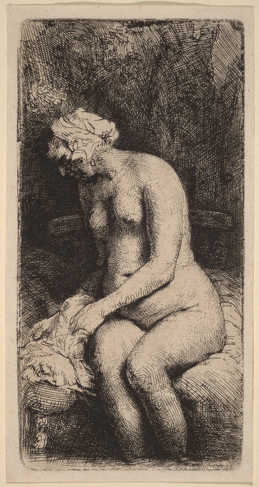 Nude Seated on a Bench with a Pillow (Woman Bathing Her Feet at a Brook)