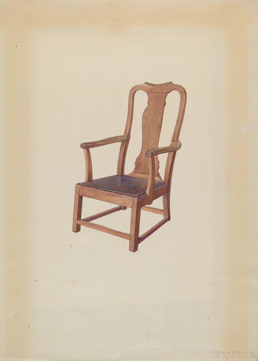The image shows a wooden armchair with a high back and dark cushioned seat. The chair is made of light brown wood with some darker shades on the seat cushion. It is positioned against a plain, light beige background, centered in the middle of the image facing slightly to the right.
