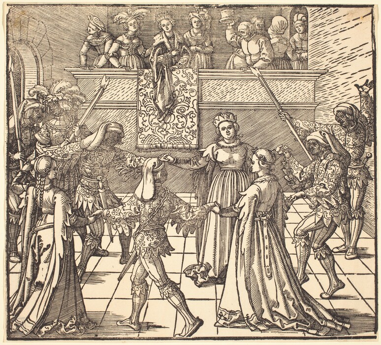 This is a drawing of a group dance in a medieval or renaissance setting. In the center of the image, figures in period costumes partake in a formal dance on a checkered floor. The dancers are dressed in elaborate garments typical of the Renaissance era, with capes, patterned tunics, and feather-adorned hats. The background features an upper level where additional observers, dressed in similar ornate attire, peer over a balcony. Ornamentations and architectural details enrich the setting, giving it a sense of grandeur and nobility. The woodcut technique emphasizes the textures and details of the characters’ outfits and the decorating elements surrounding them.