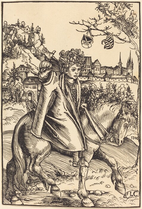 The image shows a person seated sideways on a horse. The individual is turned slightly to their left, holding the reins with both hands. They have elaborate curly hair under an ornate headpiece adorned with jewels. The person wears a cloak or robe draped over their shoulders, with a patterned garment visible underneath. A chain necklace is visible around their neck. In the background, there is a townscape with towers and spires beyond a wooded area. Two decorative crests hang from a tree branch in the foreground. The artwork is in a monochrome illustrative style, giving a medieval or historical ambiance.