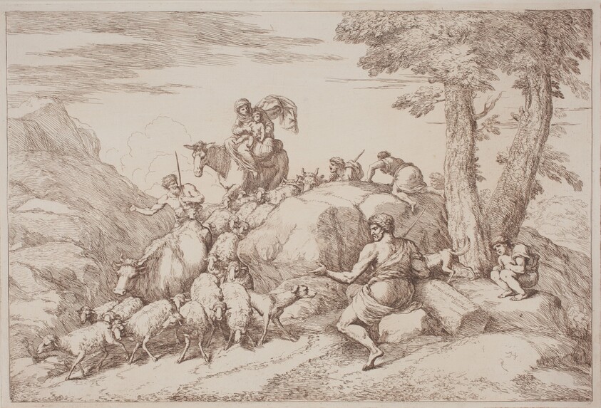 A Pastoral Journey with a Mother and Child on Horesback and an Elderly Shepherd Seated