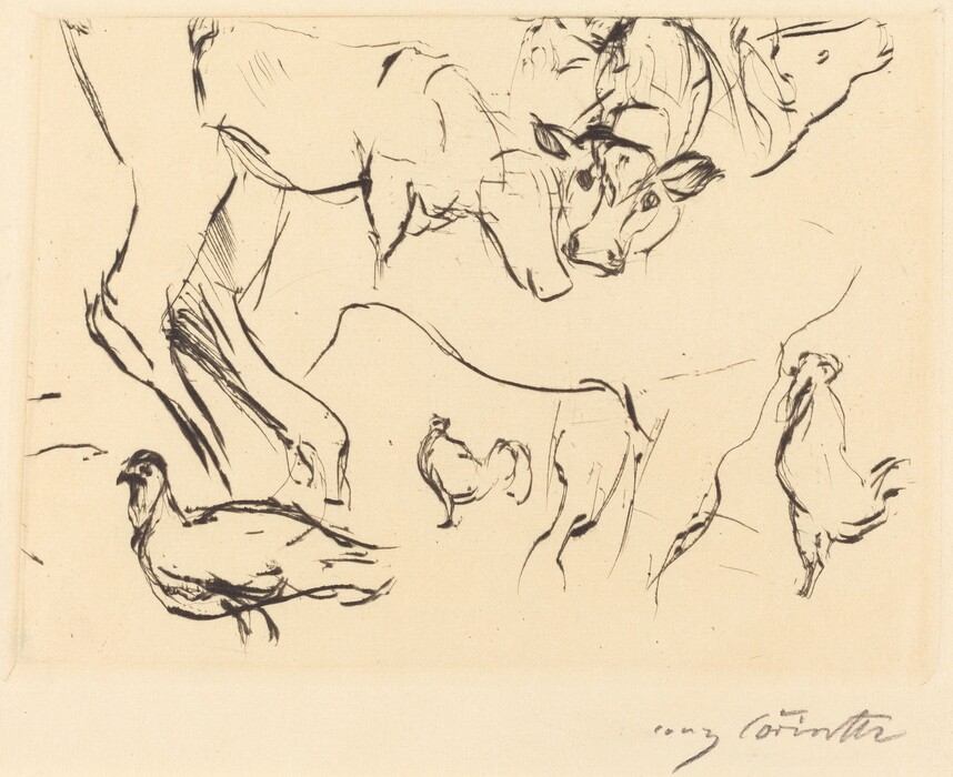 The image depicts farm animals including a cow, a rooster, and chickens in simple black lines on a cream background. The animals are portrayed with minimalistic and energetic line work, focusing on capturing their essence. The cow is at the top with its head turned towards the viewer, while chickens are at the bottom, suggesting a farmyard scene.