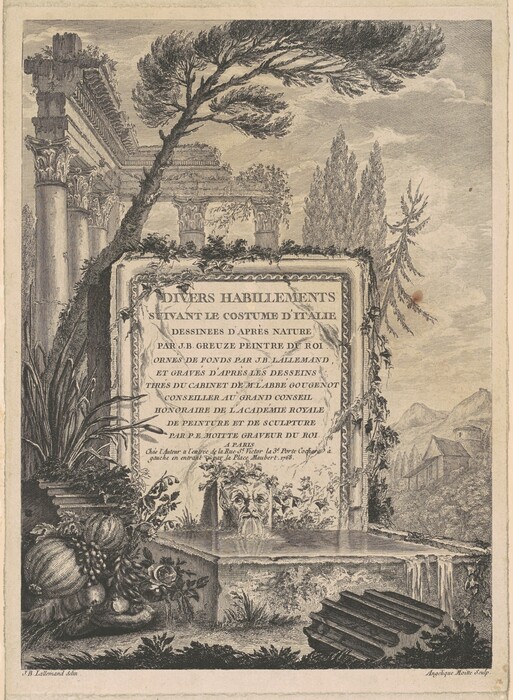 The image consists of a large decorative frame with historical script surrounded by architectural elements like tall columns, a bust of an ancient figure, and a tree curving above the frame. The artwork has a monochromatic palette in shades of gray with vegetation, ruins, fruit, leaves, and a mountain in the background.