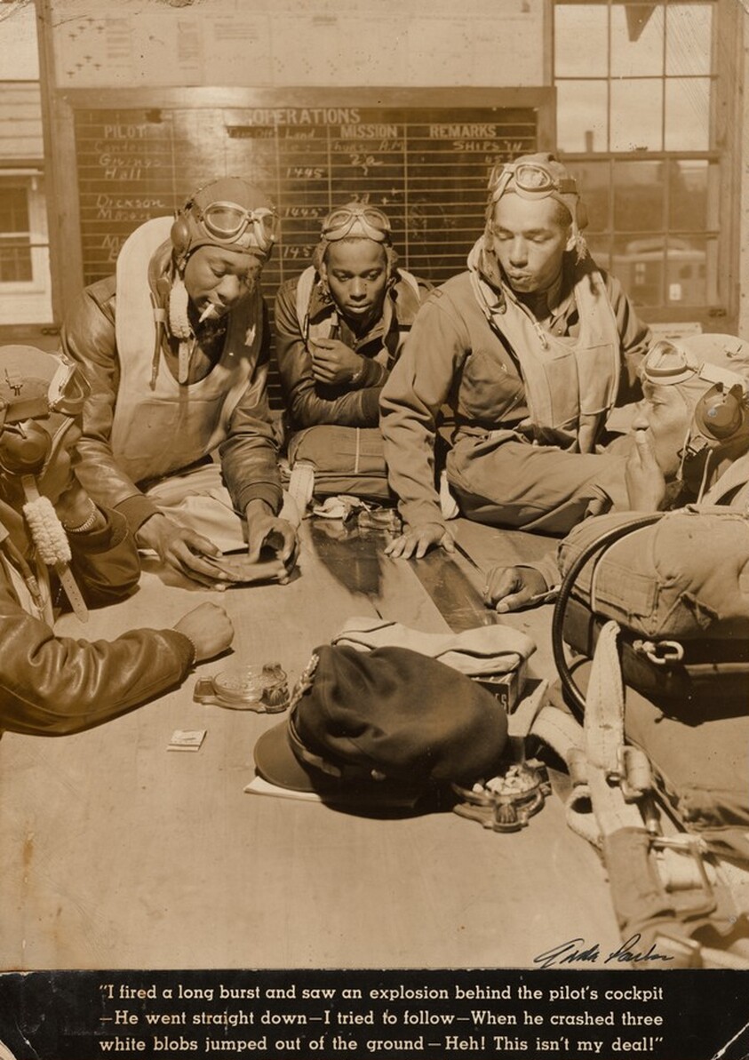 Pilots Gambling in Ready Room, Selfridge Field, Michigan ("I fired a long burst and saw an explosion behind the pilot's cockpit—He went straight down—I tried to follow—When he crashed three white blobs jumped out of the ground—Heh! This isn't my deal!")