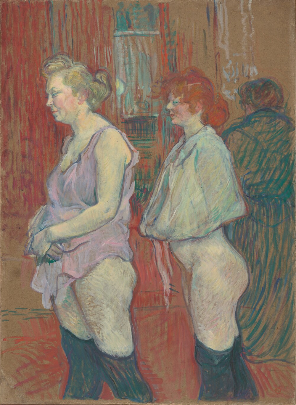 Two women stand in profile with their skirts raised while waiting for a medical inspection inside a brothel.