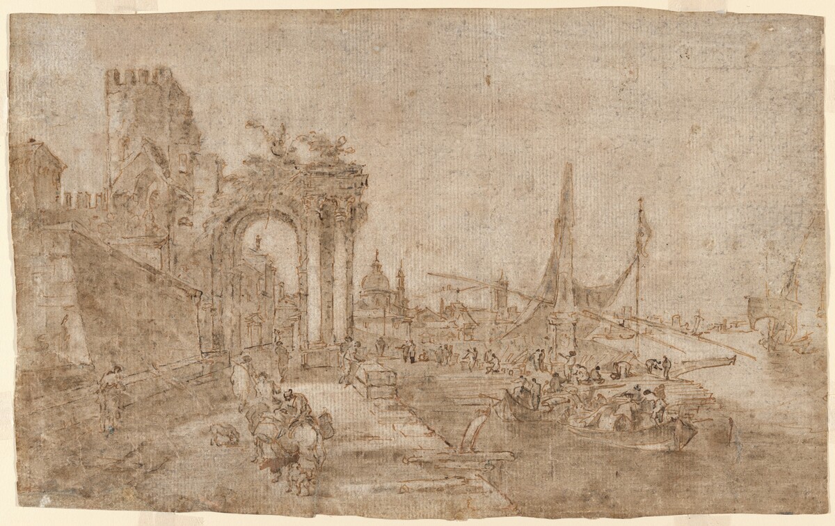 Venetian Capriccio with Boats Unloading (recto); Figures among Ruins (verso)