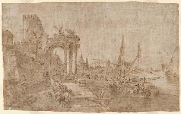 Venetian Capriccio with Boats Unloading (recto); Figures among Ruins (verso)