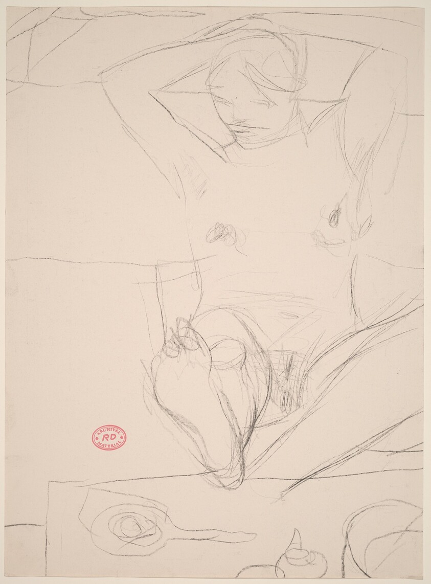 Untitled [seated female nude with foot on table and arms behind head]
