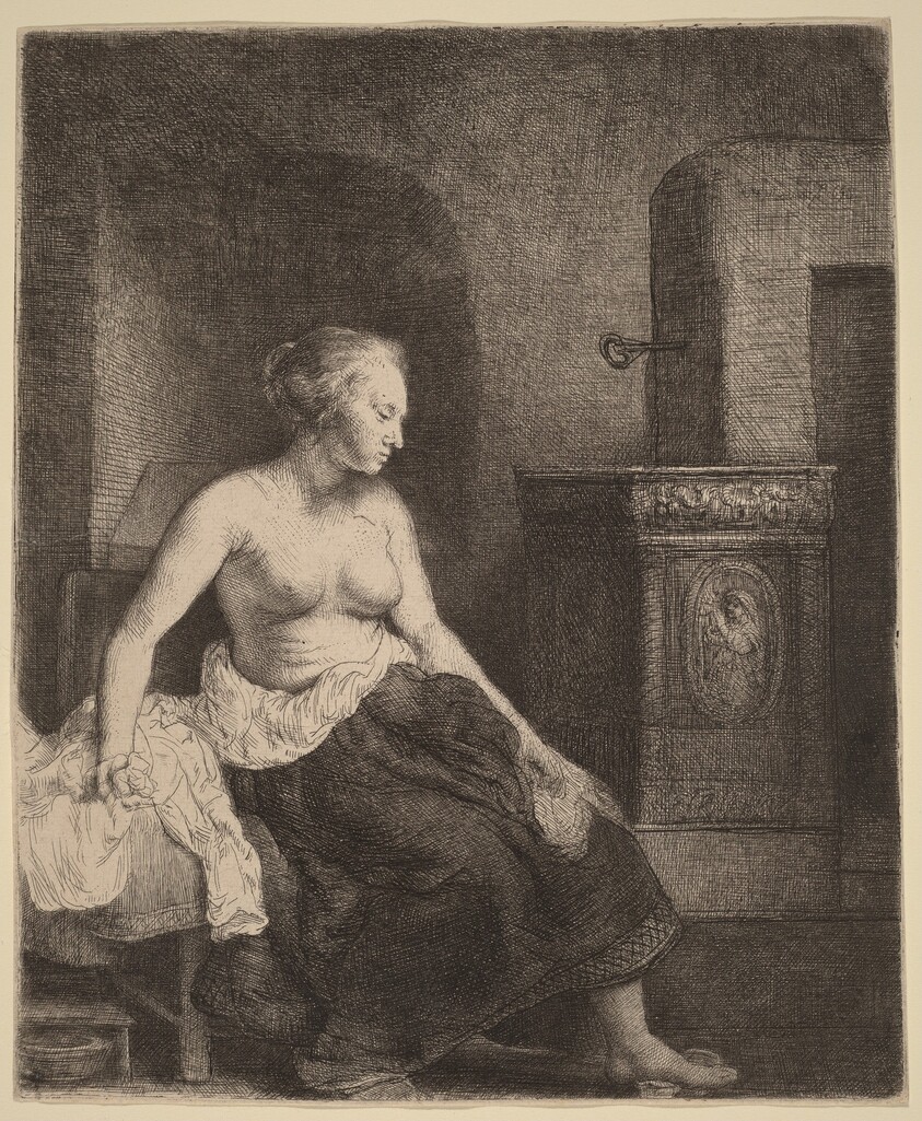 Woman Sitting Half Dressed beside a Stove