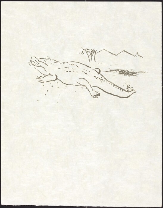 This is a drawing of a crocodile with a backdrop of palm trees and mountains. It features a simplistic line drawing of a crocodile in motion across a minimalistic landscape. To the right of the crocodile are small palm trees and an outline of distant mountains. The background is largely empty, emphasizing the sketchy nature of the central elements. The drawing is rendered in a monochromatic style, using thin lines that convey a sense of simplicity and abstraction.