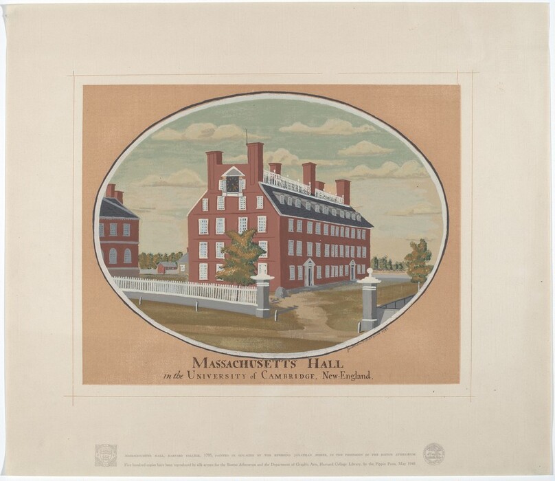 The image shows Massachusetts Hall at the University of Cambridge, New England, depicted in an oval frame. The view is slightly elevated, showcasing the building's architecture. The sky with fluffy clouds is above the building. The hall is a red brick building with chimneys, white-framed windows, a lawn, and a white picket fence. Other buildings and trees are visible, creating a campus setting. The brushstrokes are clean and precise, typical of printed work. The color palette includes earthy tones of red, brown, green, and blue, providing a historical look. The scene conveys a formal and structured appearance, fitting for an academic institution.