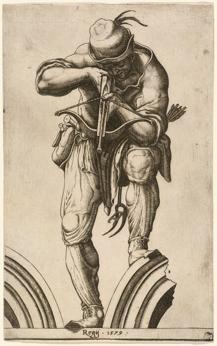 The image shows a person leaning forward and balancing on an architectural structure resembling an arch. They are posed with one leg bent and resting on the arch and the other leg stretched behind. The person appears to be handling a crossbow on their arm, their face obscured by their tilted head. They wear a cap with a small protrusion. The person is clad in a sleeveless garment with a waist belt, tights, and simple shoes. An arrow quiver on their back holds some arrows. The background is plain, highlighting the detailed figure and architectural base. The bottom of the image is marked with the date "1579" and the signature "Regij."