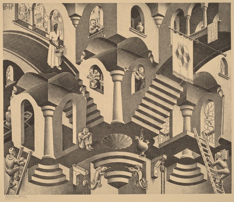 Printed with black shading on cream-colored paper, we look down onto interconnected staircases, walkways, and arched buildings that shift constantly to create an optical illusion in this horizontal lithograph. The buildings have plus-shaped footprints with four-way rounded, tunnel-like roofs. Two people blow horns out of two windows, and a houseplant sits on one ledge. Two people climb ladders in the lower corners, and two lizards climb a rounded, half-moon shaped staircase at the bottom center. One man sits on the floor with knees drawn up to his chest, a woman with dark skin walks on what first appears to be a roof but could also be an arched walkway. She wears a white head scarf, white short-sleeved shirt, and long skirt and carries a basket with both hands. Near the lower left corner, a man rows a boat along what could be a canal, and other windows look out onto trees or a townscape. The staircases constantly flip so they first seem to be facing us and then turned upside down. Spaces that look hollow at one glance become solid forms at another or when compared to a nearby object, animal, or person. The eye simply cannot make a single reality out of the different planes, ups, downs, ins, and outs represented here. The artist signed the work in a blocky monogram in the top left corner, “MCE III-‘55” and wrote in graphite under the lower left corner, “MC Escher No 51/57.”
