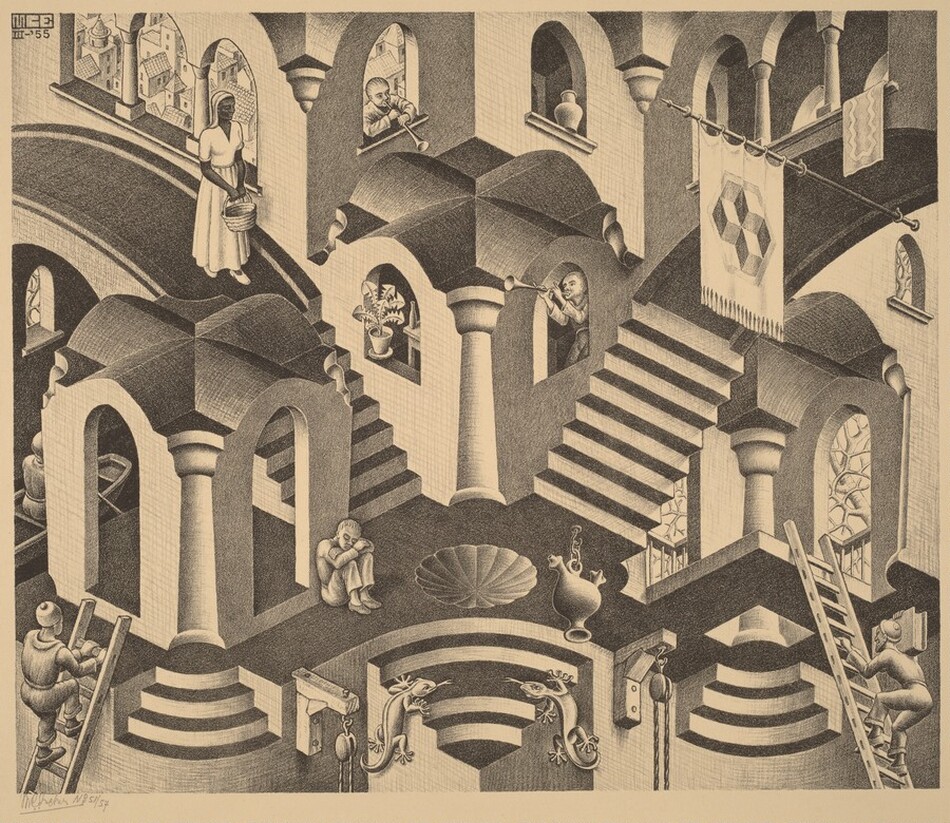 Printed with black shading on cream-colored paper, we look down onto interconnected staircases, walkways, and arched buildings that shift constantly to create an optical illusion in this horizontal lithograph. The buildings have plus-shaped footprints with four-way rounded, tunnel-like roofs. Two people blow horns out of two windows, and a houseplant sits on one ledge. Two people climb ladders in the lower corners, and two lizards climb a rounded, half-moon shaped staircase at the bottom center. One man sits on the floor with knees drawn up to his chest, a woman with dark skin walks on what first appears to be a roof but could also be an arched walkway. She wears a white head scarf, white short-sleeved shirt, and long skirt and carries a basket with both hands. Near the lower left corner, a man rows a boat along what could be a canal, and other windows look out onto trees or a townscape. The staircases constantly flip so they first seem to be facing us and then turned upside down. Spaces that look hollow at one glance become solid forms at another or when compared to a nearby object, animal, or person. The eye simply cannot make a single reality out of the different planes, ups, downs, ins, and outs represented here. The artist signed the work in a blocky monogram in the top left corner, “MCE III-‘55” and wrote in graphite under the lower left corner, “MC Escher No 51/57.”