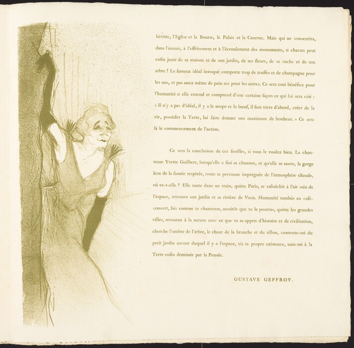 The illustration depicts the upper half of a woman's body turned slightly to her side. She has distinct facial features with subtle eyes and nose, and her head is slightly tilted. Her hair seems styled, and she wears a dress with a deep neckline and long gloves. Her hands are positioned near her neckline. The dress has decorative elements, and the background shows textured shading. Beside the illustration, there is text in French, visually separate from the image.