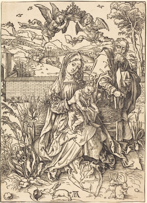 Three human figures are shown in the image. Two adult-sized figures stand side by side, with one holding a small infant. The woman on the left is seated, tilting slightly forward. She wears a veil covering her head and shoulders, and a long robe. The man next to her has a beard and holds a pouch. The infant has curly hair and is in a lively pose. Two angels fly above, holding a crown. Various plants, grasses, and rabbits are depicted around them. A landscape with a village, hills, and trees is shown in the background.