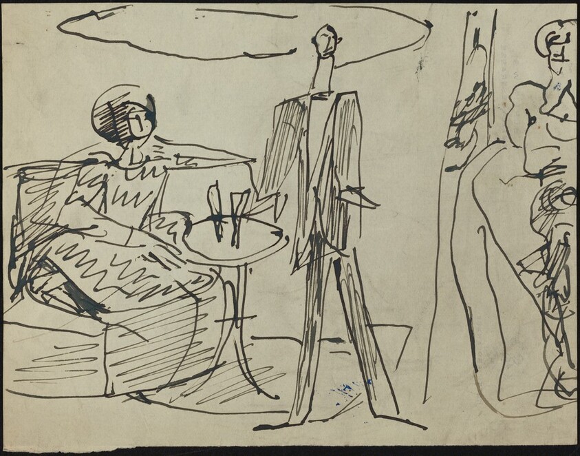 Woman Seated and Man Standing Beside a Small Table