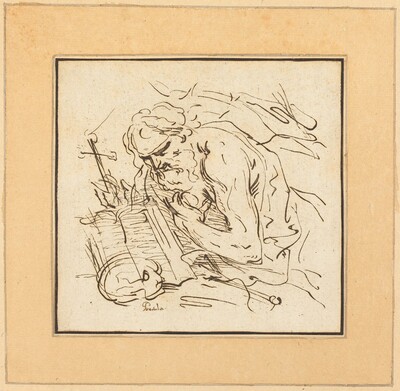 The image shows a sketch of a seated person reading a book. The person is depicted from head to waist, with detailed facial features and a beard. He has curly hair and is wearing simple drapery. There is a large open book with visible text and a wooden object nearby. A cross is shown on the side of the book. The background consists of simple sketched lines framing the figure.